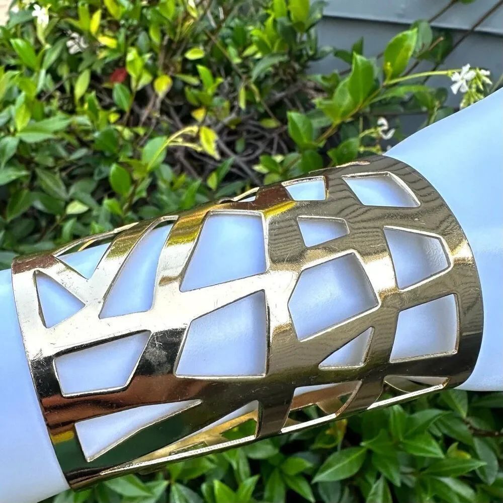 Gold tone long geometric wide cuff cut out bracelet